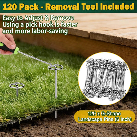 Heavy Duty 8 Gauge Landscape Staples Pins for Weed Barrier Fabric 6 Inch Galvanized Stakes with Removal Tool 120 Pack