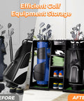 Wooden Golf Storage Organizer For Garage With Premium Bag Holder Rack, dark black finish, showing before and after setup.