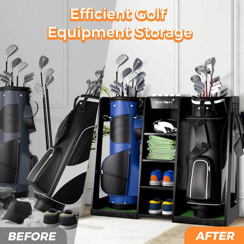 Wooden Golf Storage Organizer For Garage With Premium Bag Holder Rack, dark black finish, showing before and after setup.