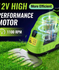 Close-up of 12V Cordless Grass Shear And Hedge Trimmer 2 In 1 Handheld Electric Grass Cutter with motor and blade on grass.