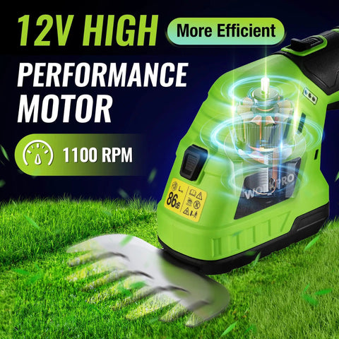 Close-up of 12V Cordless Grass Shear And Hedge Trimmer 2 In 1 Handheld Electric Grass Cutter with motor and blade on grass.