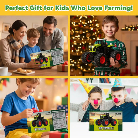 Collage of kids enjoying Big Monster Truck Tractor RC Toy For Kids 1 To 16 Scale With Lights And Sounds 2.4 GHz Remote Control Car Set