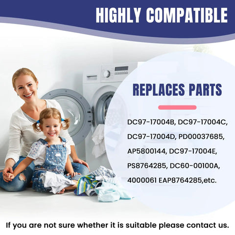 Mother and child near washer promoting Washer Flange Shaft Assembly Replacement For Samsung Spider Arm Includes 6 Pack DC60-40137A Hex Bolts.
