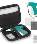 Mini Stitch Gun For Quick Clothing Repairs And Temporary Seams With 5000 Black And White Fasteners Six Extra Needles packed in a hard shell case.