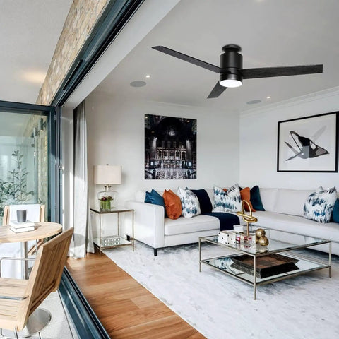 52 Inch Modern Black Ceiling Fan With Light And Remote Flush Mount Low Profile Ceiling Fan With 3 Wood Blades in a living room