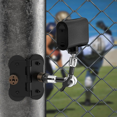 Heavy Duty Magnetic Fence Mount For Action Cameras And Phones With Dual Quarter Inch Mount Points Built For Game Day Recording On Baseball And Tennis Fields Quick Setup For Mevo Start GoPro iPhone And Other Cameras installed on chain-link fence