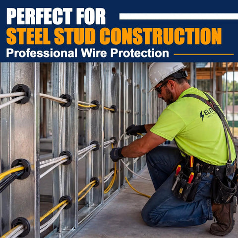 Worker installing wiring using 100 Pack Half Inch Snap In Bushing Grommet Set For Cable Holes And Wire Panels in construction site.