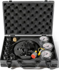 Open case displaying hydraulic nitrogen pressure gauge test kit for accumulators with three gauges, adapters, and gas hose.