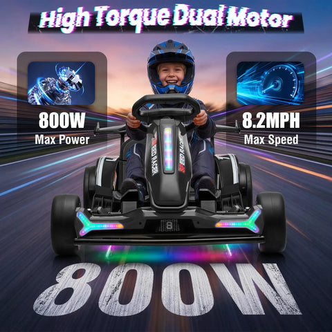 Child riding the Electric Drifting Kart 24V With 800W Twin Motors, 10Ah Battery, Outdoor Ride On Toy, highlighting speed and power.