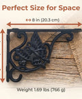 Built Like A Tank Heavy Duty Cast Iron Shelf Brackets 4 Pack Butterfly Wall Corbels 8 X 5.5 Inch shown on wood background with dimensions.