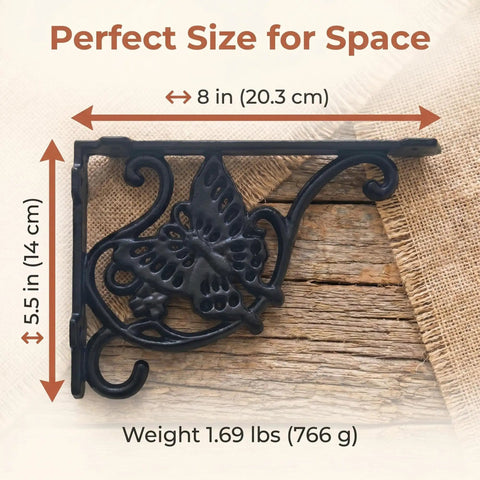 Built Like A Tank Heavy Duty Cast Iron Shelf Brackets 4 Pack Butterfly Wall Corbels 8 X 5.5 Inch shown on wood background with dimensions.