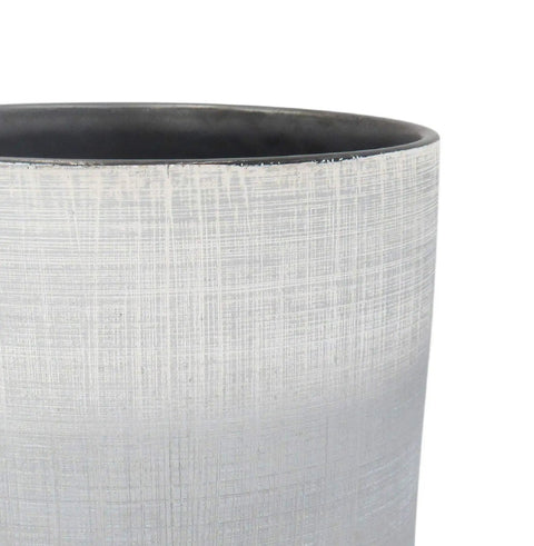 XL Round Rustic Stoneware Planter Pot With Crosshatch Texture For Indoor Outdoor Use 8 Point 7 Inch Tall Silver Exterior And Metallic Interior Modern Rustic Garden Decor close-up