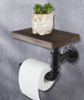 Industrial Dope Pipe Toilet Paper Holder With Wooden Shelf Rustic Wall Mount Roll Holder in bathroom