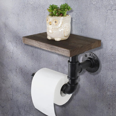 Industrial Dope Pipe Toilet Paper Holder With Wooden Shelf Rustic Wall Mount Roll Holder in bathroom