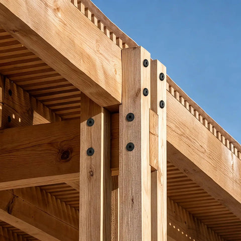 Heavy Duty Lag Screws 5/16 X 3 Inch Structural Bolts With Serrated Threads And Grade 5 Heat Treated Steel securing wood beams.