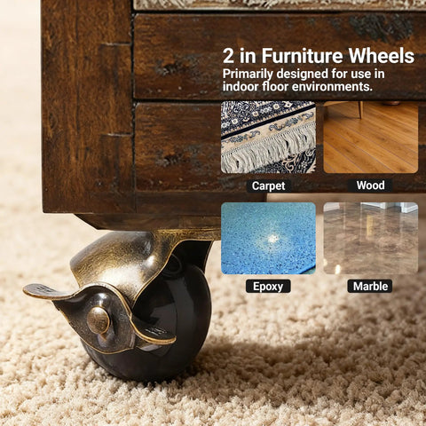 2 Inch Ball Caster Wheels With Side Locking Antique Brass Vintage Swivel Casters For Furniture Set Of 4 With 16 Screws Heavy Duty 360 Lbs Capacity Ideal For Coffee Tables And Ottomans on carpet