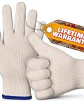 Aramid Heat Resistant Cooking Gloves For Indoor And Outdoor Use Perfect For Baking Grilling Pot Handling And Smoking Up To 896 Degrees Fahrenheit White Kitchen Oven Mitts showing lifetime warranty tag