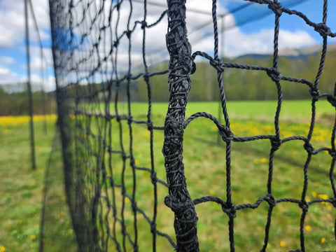 Close-up of Batting Cage Net For Baseball And Softball Practice, HDPE Netting With 42 Twine, 12 By 14 By 35 Feet outdoors