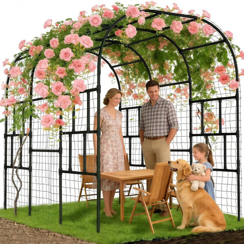 87 Inch Tall Garden Arch Trellis For Climbing Plants Outdoor Black Plastic Coated Metal Cucumber Arbor Arch in garden setup