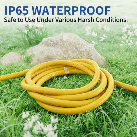 Heavy Duty 50 Foot Extension Cord With Lighted End For Indoor And Outdoor Use 10 Gauge Three Conductor Yellow Power Cable 15 Amp 125 Volt Oversized Plug And Receptacle For Safer Reliable Power Delivery, yellow cord on grass