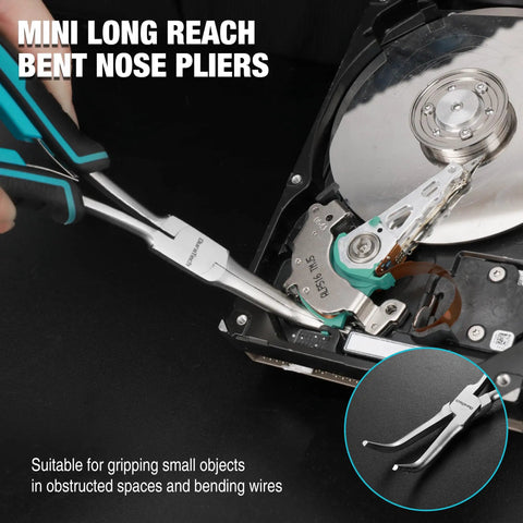 Long Reach 7 Inch Needle Nose Pliers Set, Two Piece Bent Nose And Straight Nose Pliers, Drop Forged Carbon Steel, Heat Treated, Nickel Plated, Anti Rust Oil Protected, Built Tough For Precision Work, bent nose pliers in hard drive repair