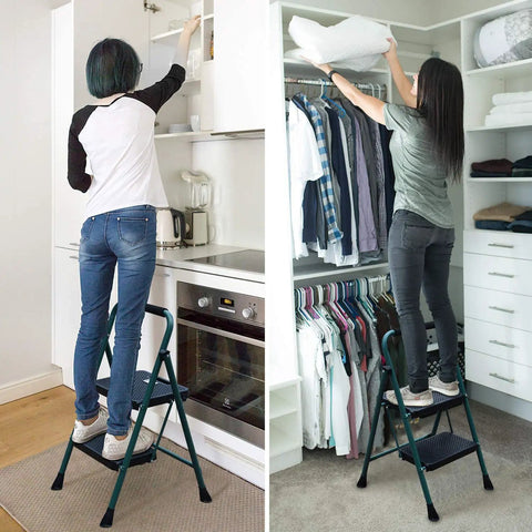 People using Five Foot Folding Step Ladder With Wide Anti Slip Pedals, Heavy Duty Steel Build, Ergonomic Handgrip, Lightweight Portable Design, 500 Pound Capacity, Dual Stabilizer Bars For Maximum Stability, Green in kitchen and closet