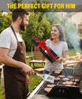 Man grilling in backyard with Complete 5 Piece BBQ Grill Tool Set With Spatula Fork Tongs Basting Brush And Cleaning Brush For Outdoor Grilling Durable Wood Handle Utensils Gift For Men Dad Him