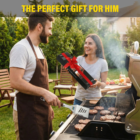 Man grilling in backyard with Complete 5 Piece BBQ Grill Tool Set With Spatula Fork Tongs Basting Brush And Cleaning Brush For Outdoor Grilling Durable Wood Handle Utensils Gift For Men Dad Him
