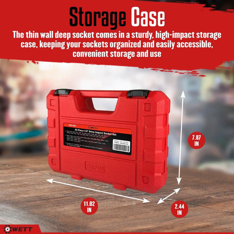 Red storage case for Beast Of A Quarter Inch Drive Impact Socket Set With 55 Pieces SAE And Metric Deep And Shallow Sockets