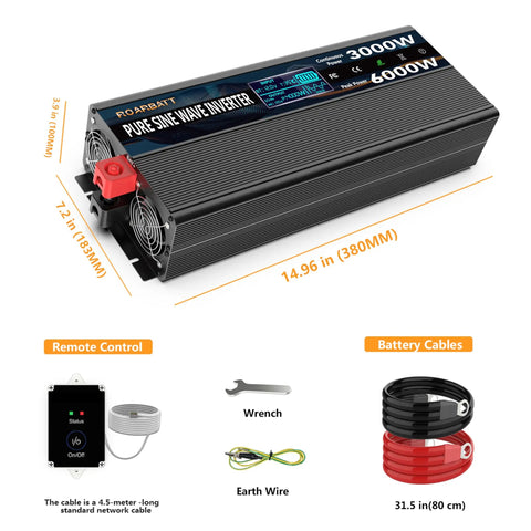 Heavy Duty 3000W Pure Sine Wave Power Inverter 12V To 120V AC Converter Built Like A Tank With 6000W Peak Surge, 15ft cord, detailed view