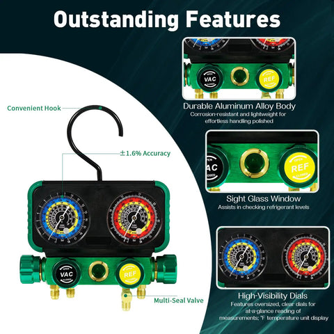 Pro 4 Way AC Manifold Gauge Set With Case For R1234yf R134a R404a 4 Color Coded 5ft Hoses Quick Couplers Can Tap Puncturing Tool Fahrenheit Display Professional HVAC Kit, aluminum body, dual gauges