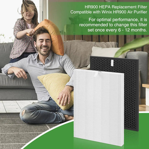HR900 Compatible Filter Set With HEPA And Activated Carbon Filters duo pack placed near a couple relaxing on a couch.