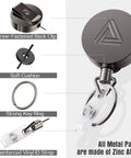 Two Pack Heavy Duty Metal Retractable Badge Holder Reels With Belt Clip And Waterproof Vertical Clear ID Card Holder Plus Two Extra Carabiner Key Ring Clips 30 Inch Dyneema Pull Cord Durable Office Access Kit showing details of zinc alloy parts.