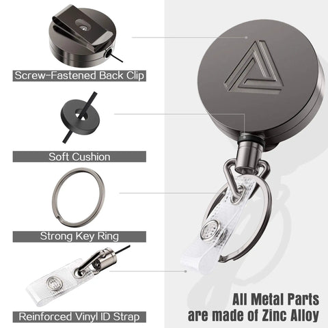 Two Pack Heavy Duty Metal Retractable Badge Holder Reels With Belt Clip And Waterproof Vertical Clear ID Card Holder Plus Two Extra Carabiner Key Ring Clips 30 Inch Dyneema Pull Cord Durable Office Access Kit showing details of zinc alloy parts.