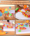 Children use Electric Toy Drill With 193 Plus Pieces for creative projects, building models on a pegboard with tools and rainbow fasteners.