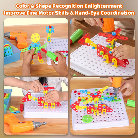 Children use Electric Toy Drill With 193 Plus Pieces for creative projects, building models on a pegboard with tools and rainbow fasteners.
