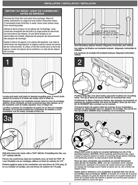 Illustrated installation guide for Sturdy 24 Inch Wall Mounted Shower Grab Bar ADA Compliant Satin Nickel Finish.