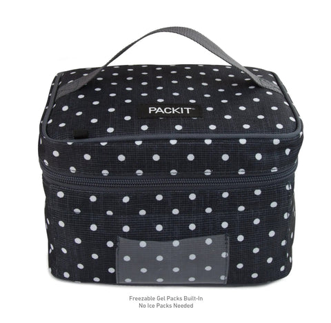 Portable Freezable Breastmilk Cooler And Formula Storage Bag With Built In Ice Packs, polka dot design, zippered closure.