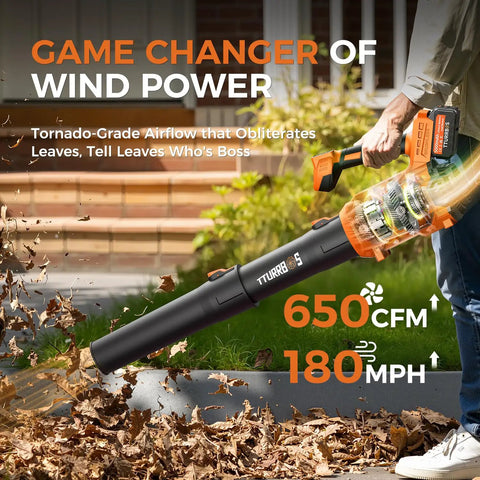 Person uses Beast Power Cordless Leaf Blower With 650 CFM Up To 180 MPH, Brushless Motor, Two 5.0Ah Batteries And Charger