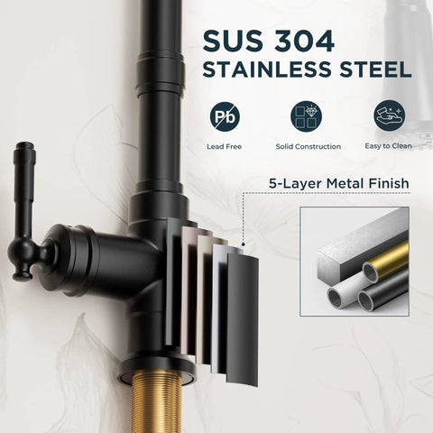 FORIOUS Vintage Kitchen Sink Faucet with Pull Down Sprayer, Matte Black showcasing SUS 304 stainless steel and 5-layer metal finish.