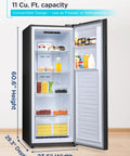 Hella Spacious 11 Cu Ft Stand Up Freezer And Refrigerator Combo Rocking Garage Ready Convertible Design with interior view showing shelving and organization.