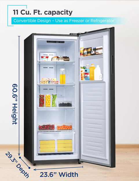 Hella Spacious 11 Cu Ft Stand Up Freezer And Refrigerator Combo Rocking Garage Ready Convertible Design with interior view showing shelving and organization.