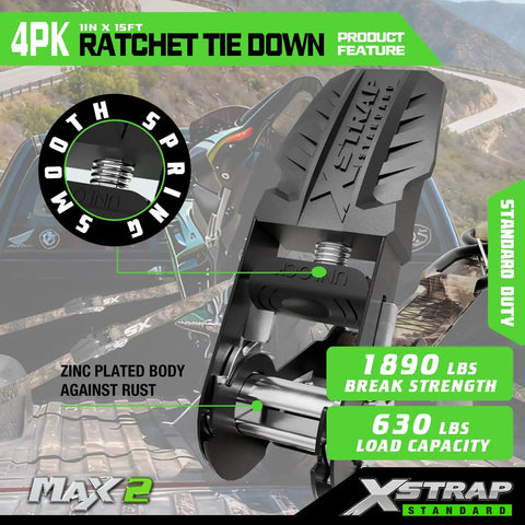 Heavy Duty One Inch Ratchet Tie Down Straps Four Pack With Integrated Soft Loops And A Killer Grip, features zinc plated body.