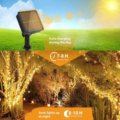 Solar panel charging by day; warm white glow from Six Pack Solar String Lights Outdoor Waterproof 157Ft Total With 480 LED