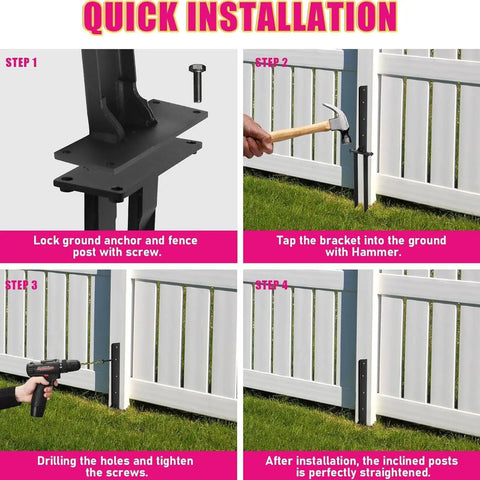 Step-by-step guide for Heavy Duty Black Fence Post Repair Kit Knock Out Leaning 4x4 6x6 Wood Posts installation process.