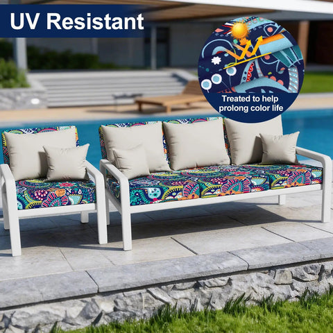 Waterproof Patio Cushion Covers Set 8 Pcs Outdoor Couch Slipcovers Stretchable Washable for Dogs Pets Blue Green UV Guard