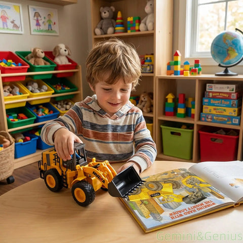Child playing with Alloy Loader Truck Toy For Kids Kid Friendly Durable Safe One To Forty Scale Diecast Bulldozer with book