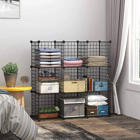 9 Cube Wire Storage Organizer with Metal Grid Panels in bedroom, storing clothes and boxes, modular bookshelf, black finish
