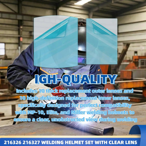 Rock Solid Clear Replacement Welding Helmet Lenses Featuring Heavy Duty Polycarbonate Build With Tough As Nails Clarity For Daily Trade Jobs Complete Twenty Piece Replacement Kit with thick clear lenses in a workshop.