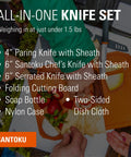 Compact 6-Piece Camping Knife Set With Santoku, Paring Knife, Serrated Bread Knife, Cutting Board, Sheaths, Soap Bottle And Travel Case